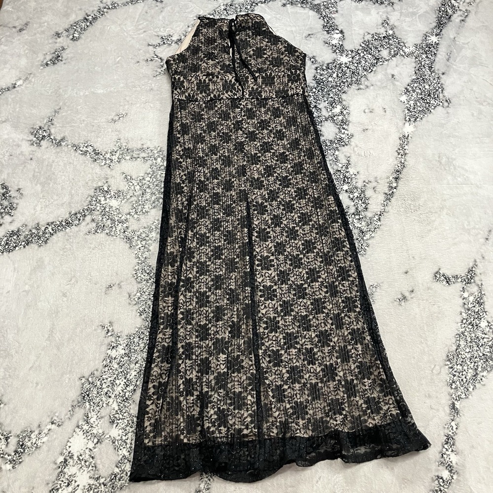 R&M Richards Lace Pleated Halter Dress Women Size Black Beige Formal Midi Slit - Picture 6 of 10